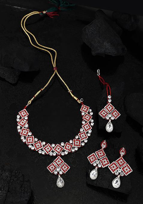 Red Silver Plated Artificial Stone Necklace Set With Maang Tikka