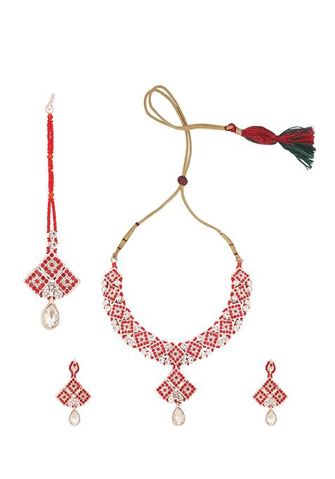 Red Silver Plated Artificial Stone Necklace Set With Maang Tikka