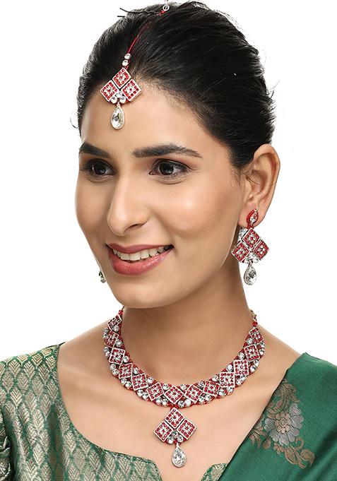 Red Silver Plated Artificial Stone Necklace Set With Maang Tikka