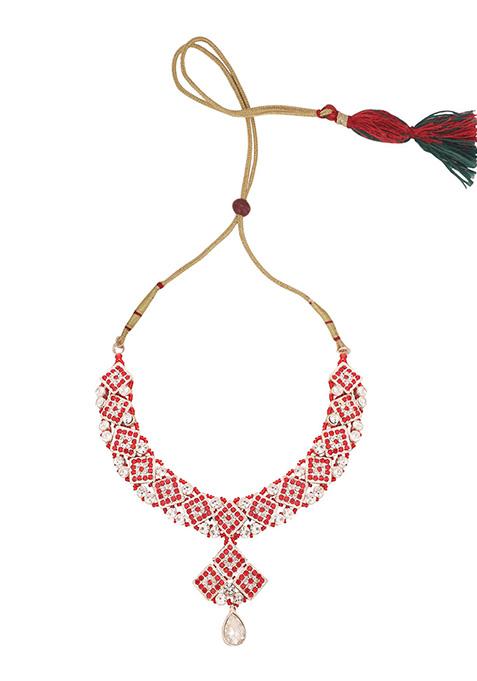 Red Silver Plated Artificial Stone Necklace Set With Maang Tikka