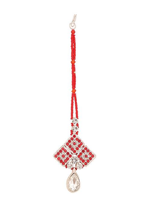 Red Silver Plated Artificial Stone Necklace Set With Maang Tikka