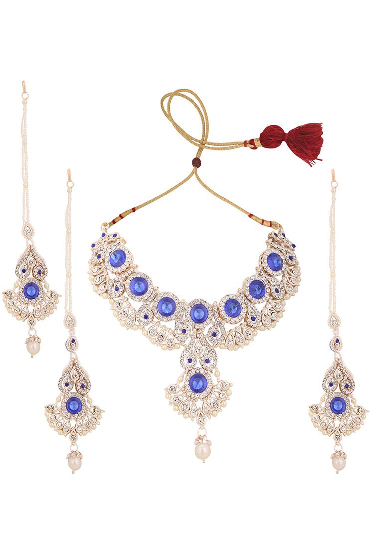 Blue Silver Plated Artificial Stone And Bead  Necklace Set With Maang Tikka - Indya
