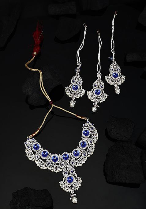 Blue Silver Plated Artificial Stone And Bead  Necklace Set With Maang Tikka