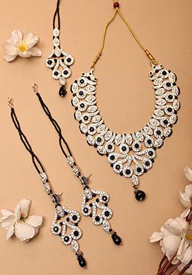Black Silver Plated Artificial Stone And Bead  Necklace Set With Maang Tikka