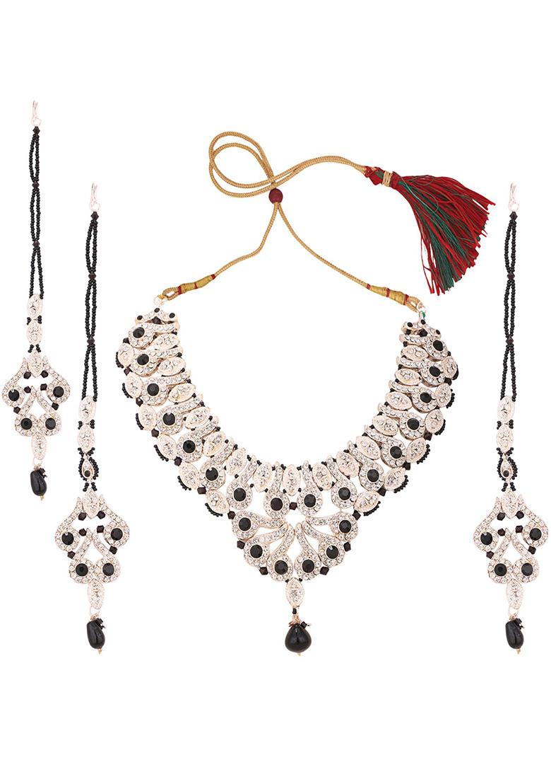 Black Silver Plated Artificial Stone And Bead Necklace Set With Maang Tikka