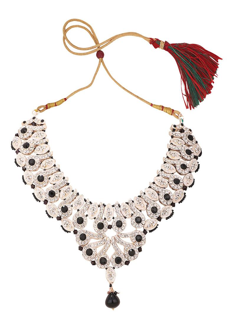 Black Silver Plated Artificial Stone And Bead Necklace Set With Maang Tikka