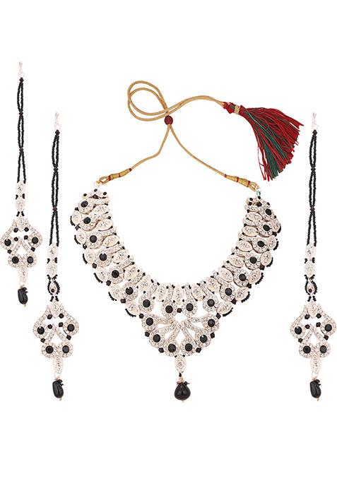 Black Silver Plated Artificial Stone And Bead Necklace Set With Maang Tikka