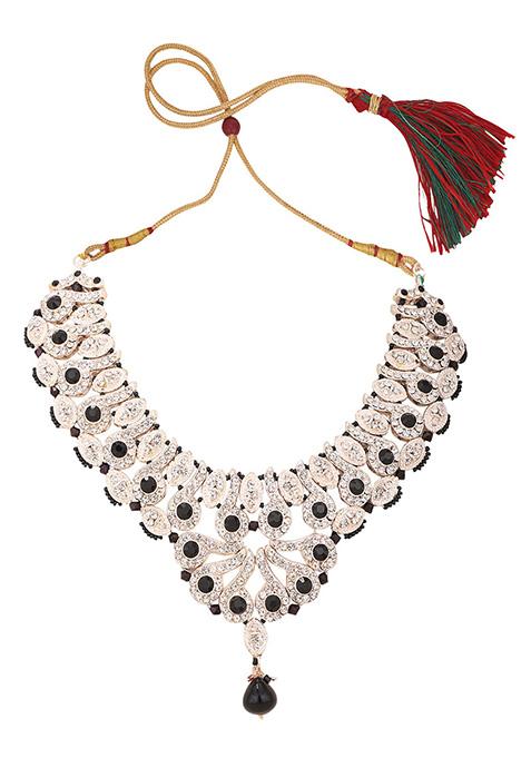 Black Silver Plated Artificial Stone And Bead Necklace Set With Maang Tikka