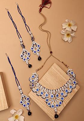 Blue Silver Plated Artificial Stone And Bead  Necklace Set With Maang Tikka