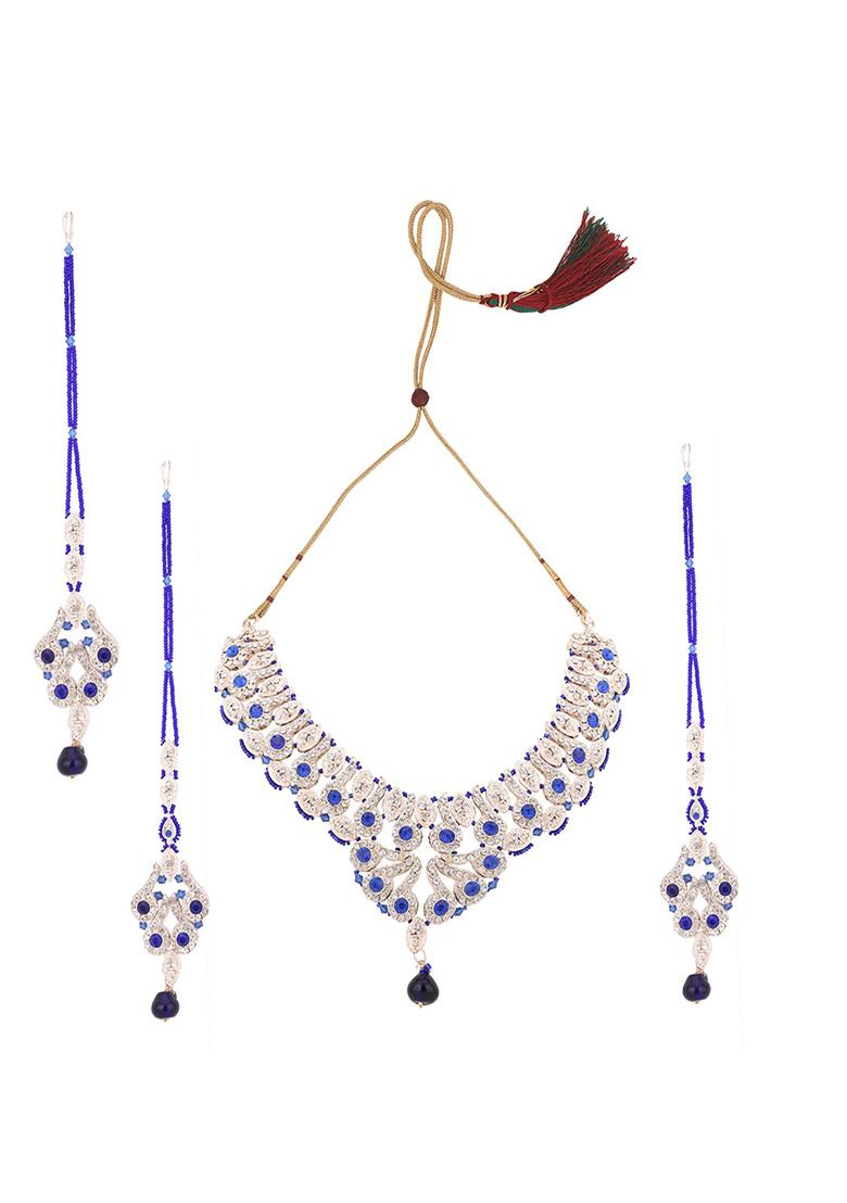 Blue Silver Plated Artificial Stone And Bead  Necklace Set With Maang Tikka - Indya