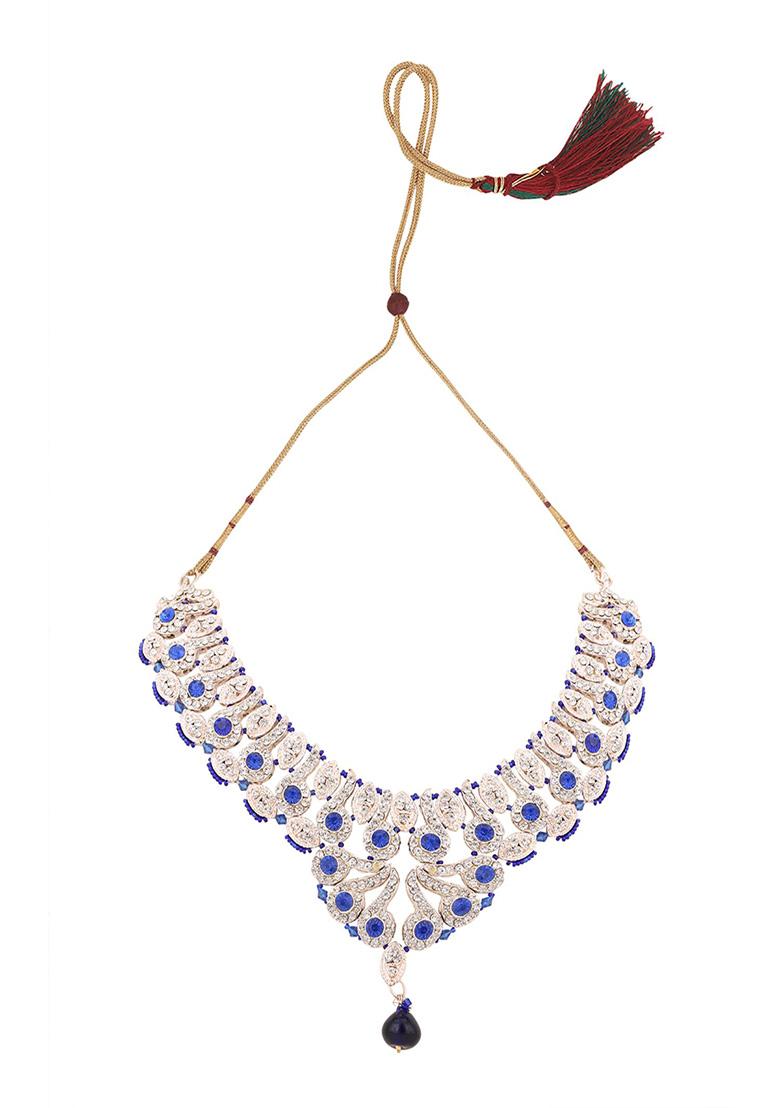 Blue Silver Plated Artificial Stone And Bead  Necklace Set With Maang Tikka - Indya