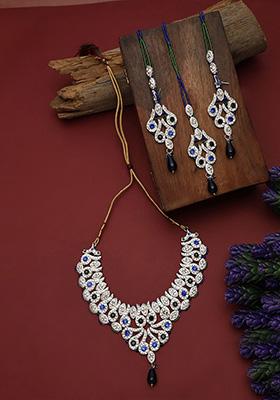 Multicolour Silver Plated Artificial Stone And Bead  Necklace Set With Maang Tikka