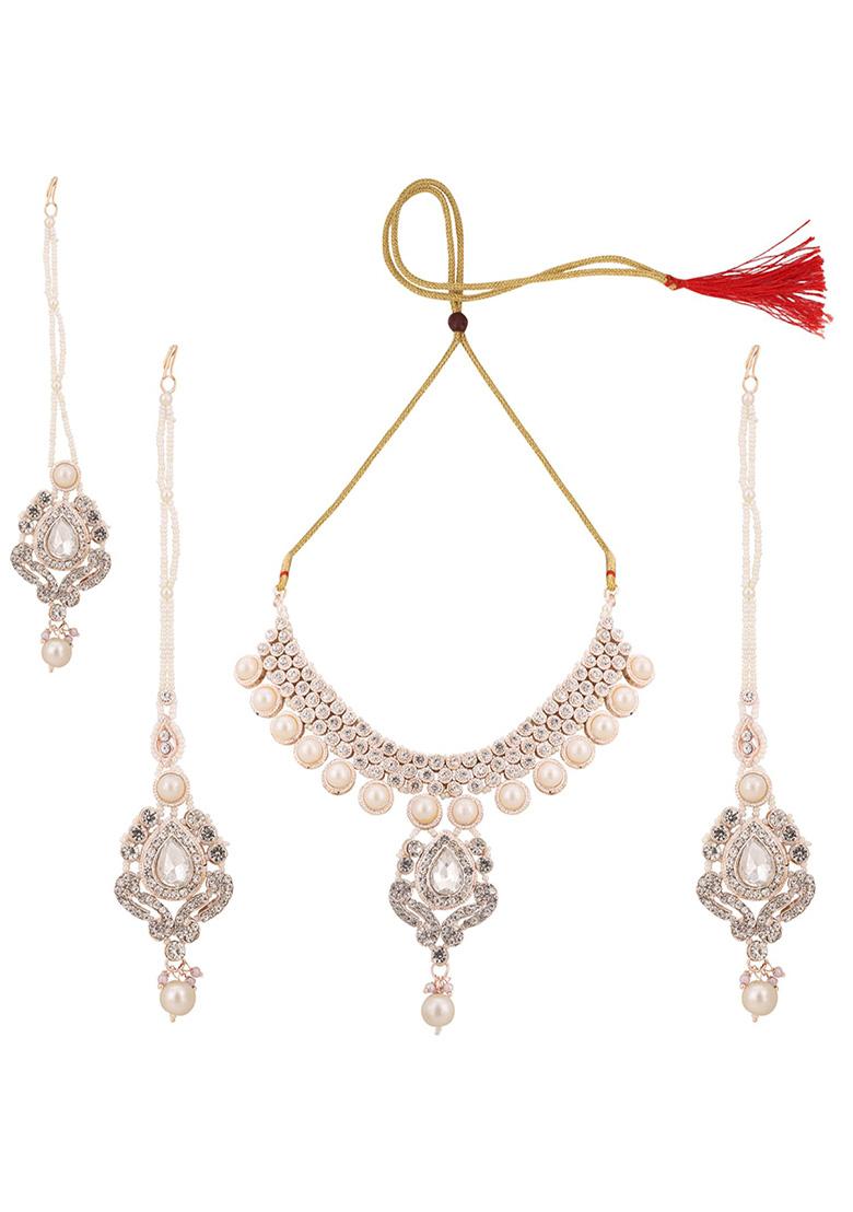 White Silver Plated Artificial Stone And Bead Necklace Set With Maang Tikka