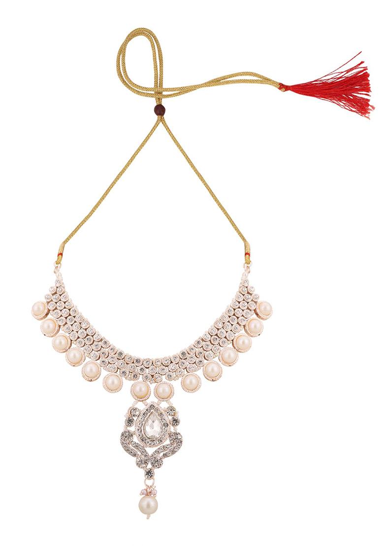 White Silver Plated Artificial Stone And Bead Necklace Set With Maang Tikka