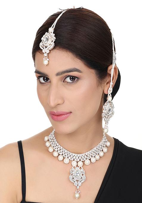 White Silver Plated Artificial Stone And Bead Necklace Set With Maang Tikka