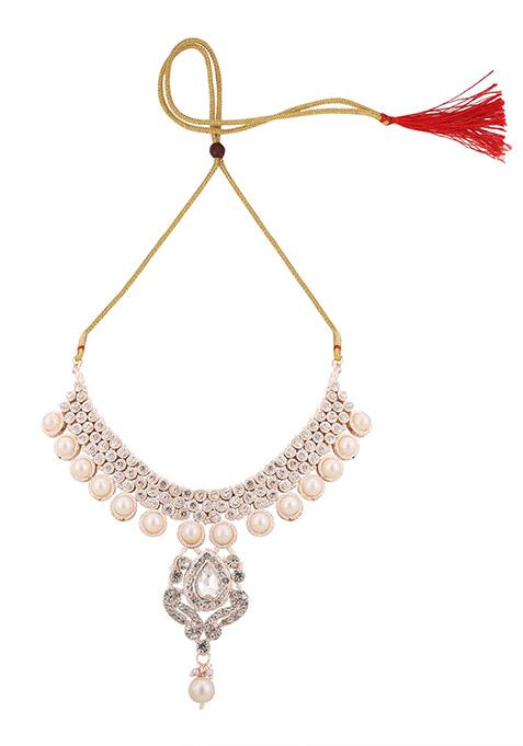 White Silver Plated Artificial Stone And Bead Necklace Set With Maang Tikka