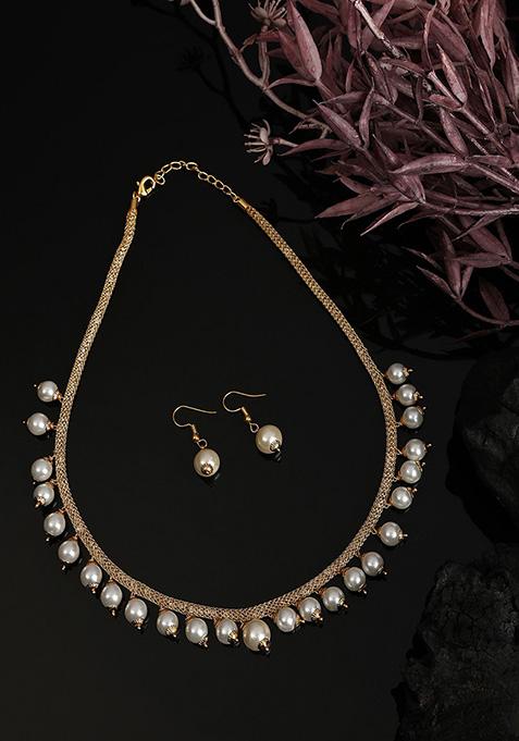 Off White Gold Plated Pearl Necklace Set