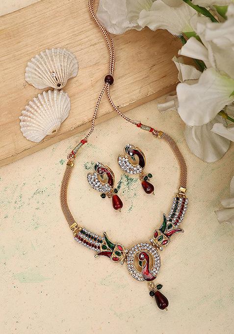 Multicolour Gold Plated Cubic Zirconia Necklace Set