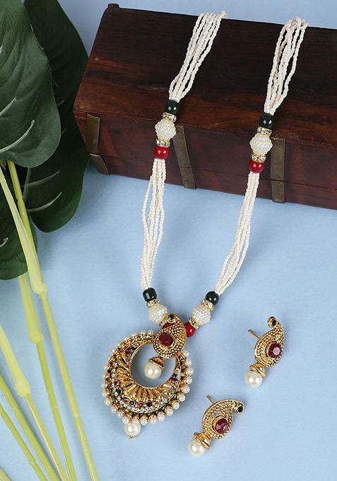 Multicolour Gold Plated Artificial Stone And Bead  Necklace Set