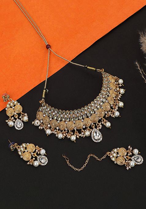 Gold Plated Artificial Stone And Bead Necklace Set With Maang Tikka