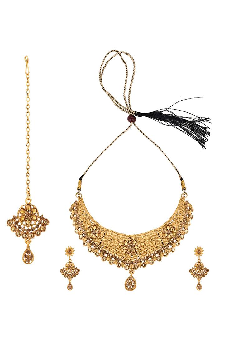 Gold Plated Cubic Zirconia Necklace Set With Maang Tikka - Indya