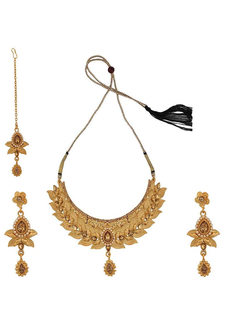 Gold Plated Artificial Stone And Bead Necklace Set With Maang Tikka - Indya