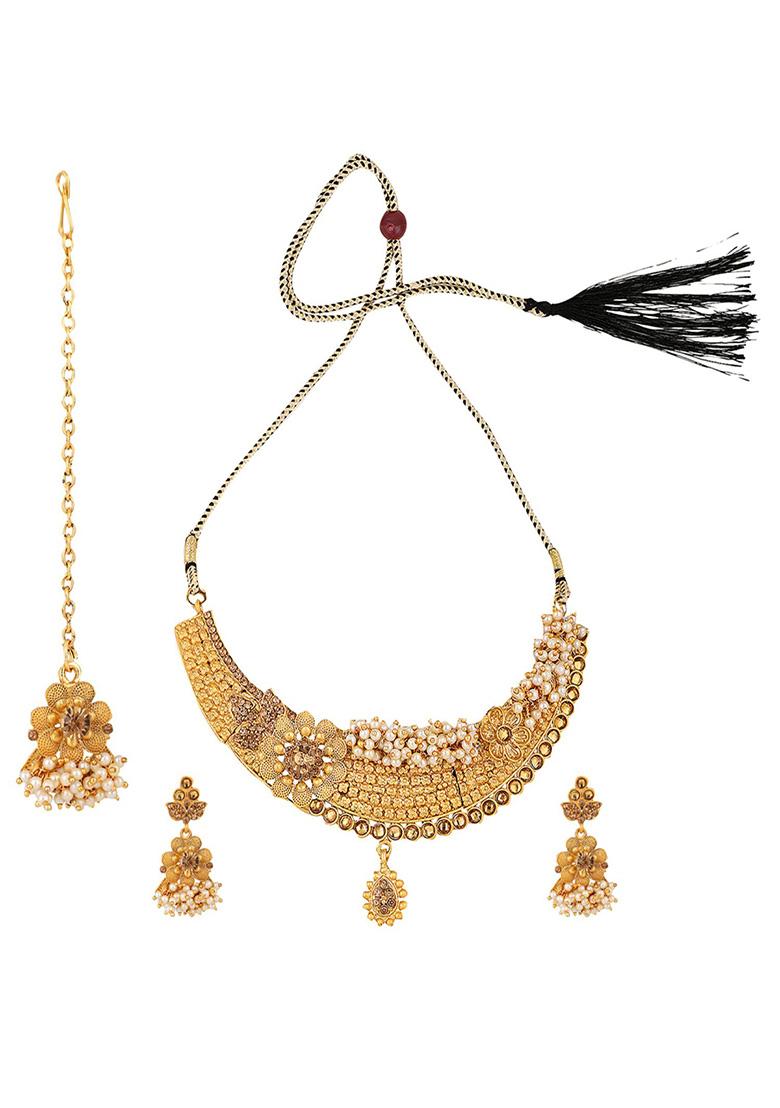 Gold Plated Artificial Stone And Bead Necklace Set With Maang Tikka