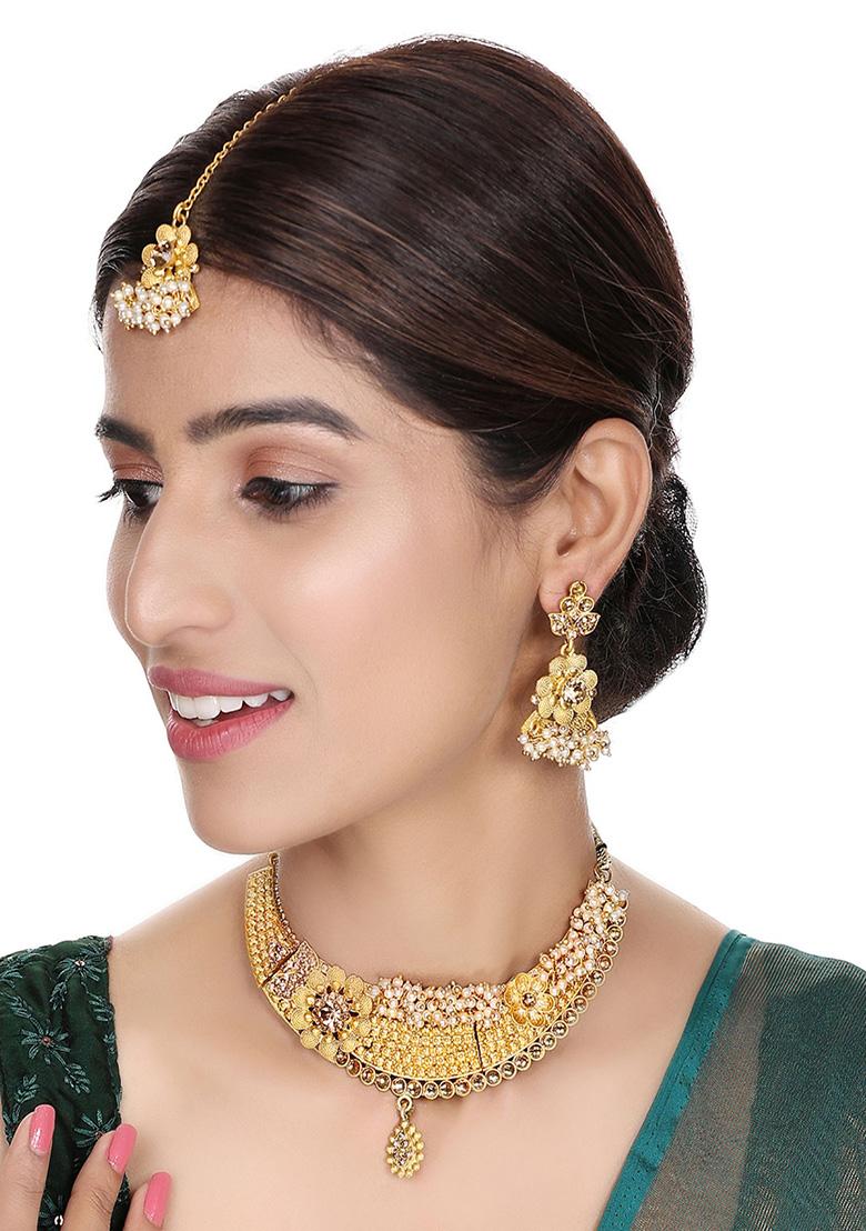 Gold Plated Artificial Stone And Bead Necklace Set With Maang Tikka