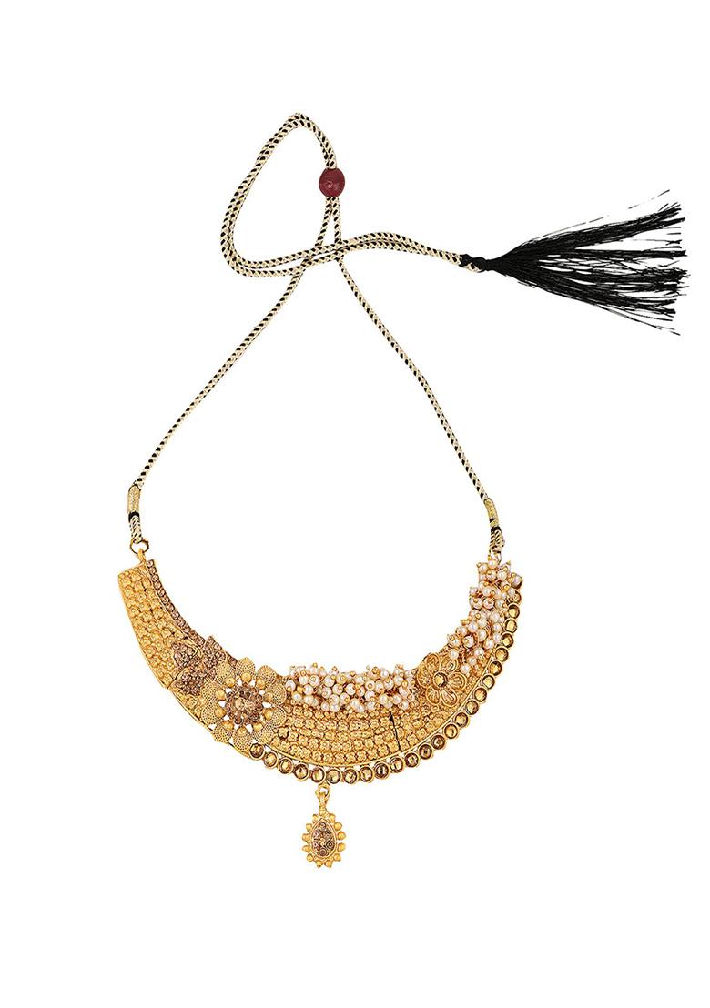 Gold Plated Artificial Stone And Bead Necklace Set With Maang Tikka