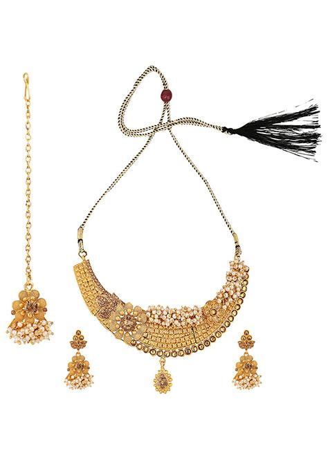 Gold Plated Artificial Stone And Bead Necklace Set With Maang Tikka