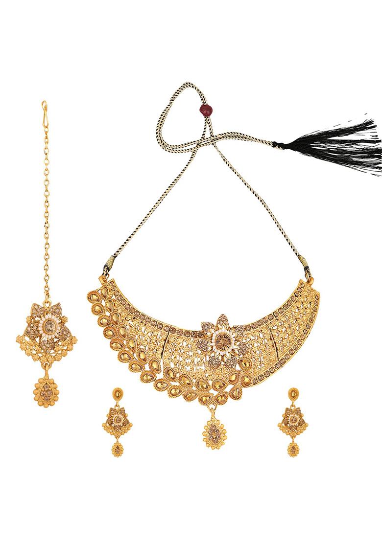 Gold Plated Artificial Stone And Bead Necklace Set With Maang Tikka - Indya