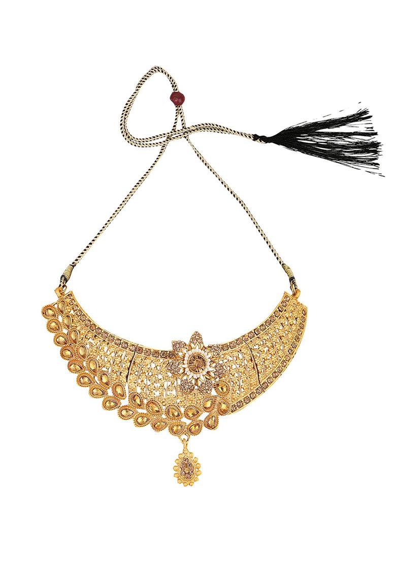 Gold Plated Artificial Stone And Bead Necklace Set With Maang Tikka - Indya