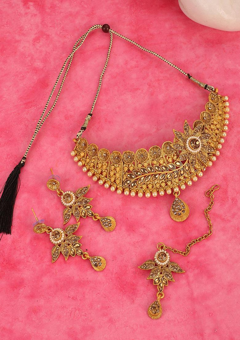Gold Plated Artificial Stone And Bead Necklace Set With Maang Tikka - Indya