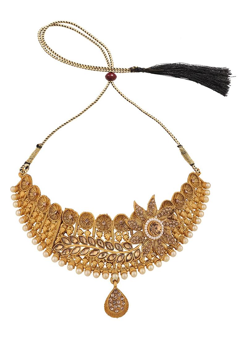 Gold Plated Artificial Stone And Bead Necklace Set With Maang Tikka - Indya