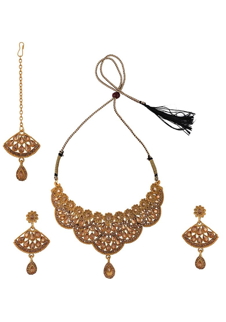Gold Plated Artificial Stone And Bead Necklace Set With Maang Tikka - Indya