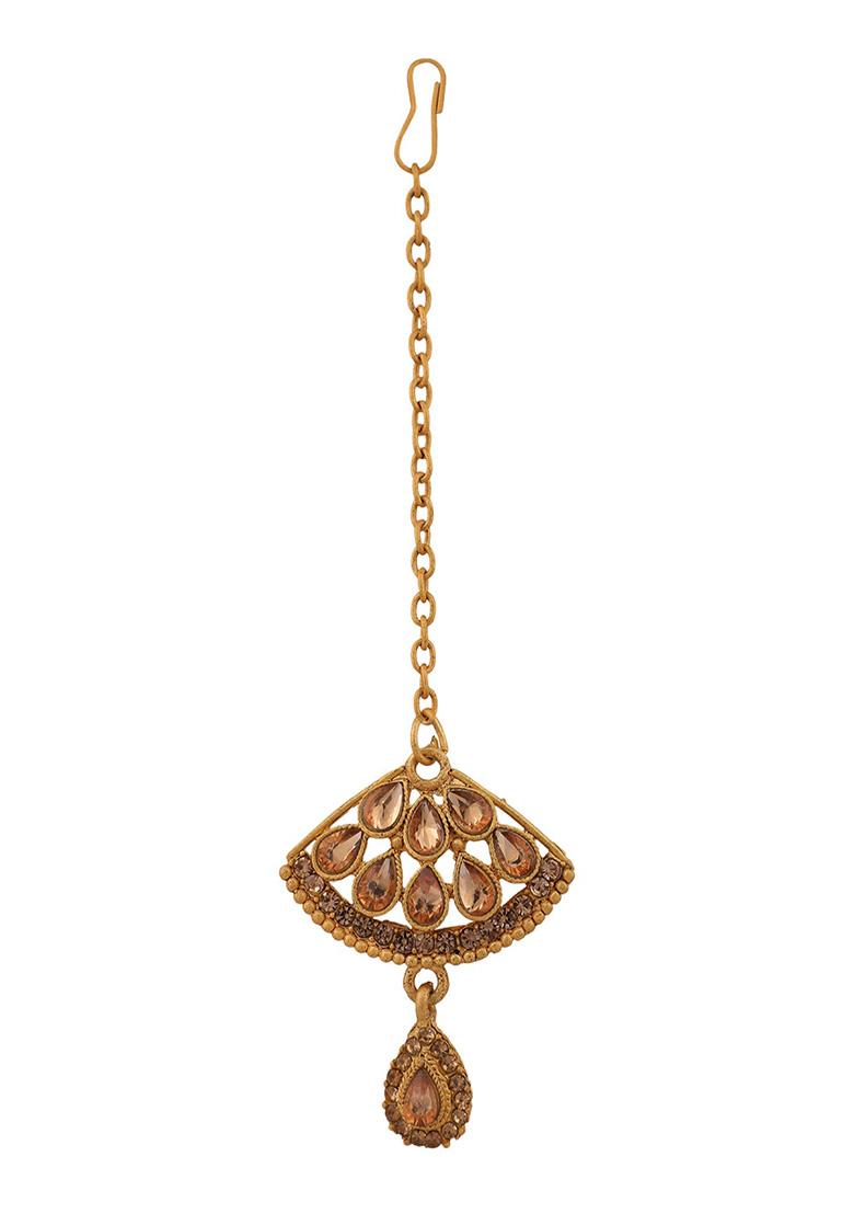 Gold Plated Artificial Stone And Bead Necklace Set With Maang Tikka - Indya