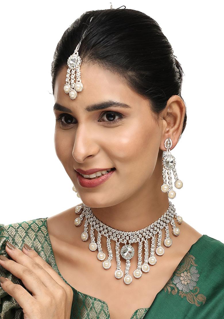 White Gold Plated Artificial Stone And Bead Necklace Set With Maang Tikka