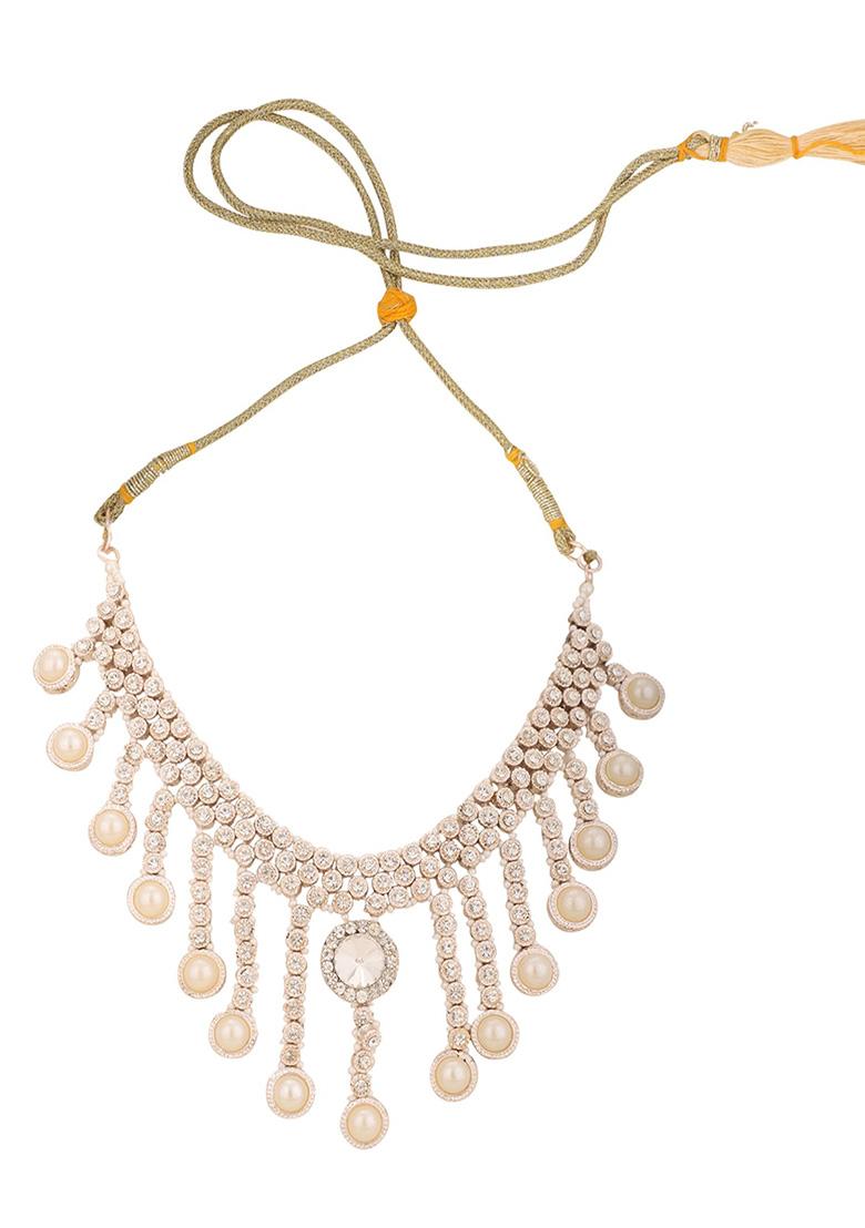 White Gold Plated Artificial Stone And Bead Necklace Set With Maang Tikka