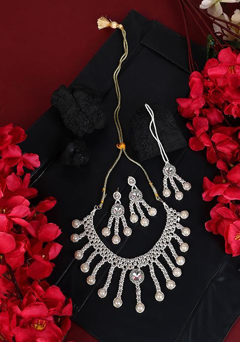 White Gold Plated Artificial Stone And Bead Necklace Set With Maang Tikka