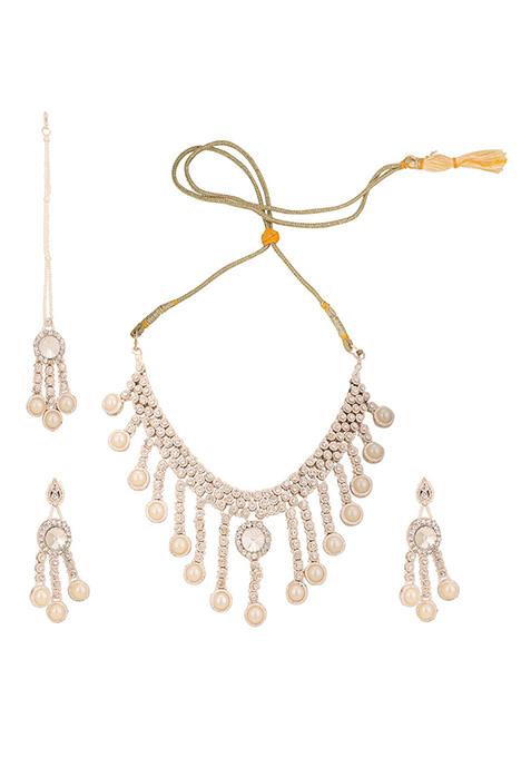 White Gold Plated Artificial Stone And Bead Necklace Set With Maang Tikka