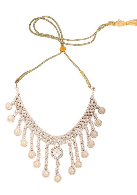 White Gold Plated Artificial Stone And Bead Necklace Set With Maang Tikka