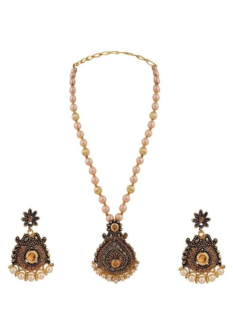 Black Gold Plated Artificial Stone And Bead Necklace Set
