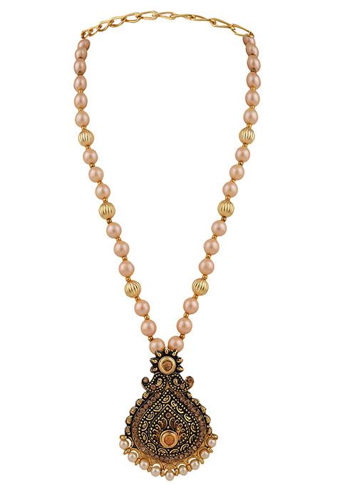 Black Gold Plated Artificial Stone And Bead Necklace Set