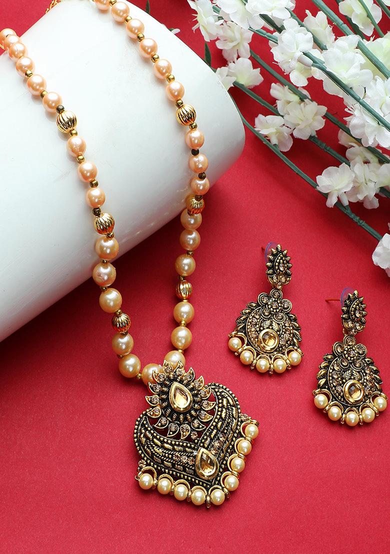 Black Gold Plated Artificial Stone And Bead Necklace Set