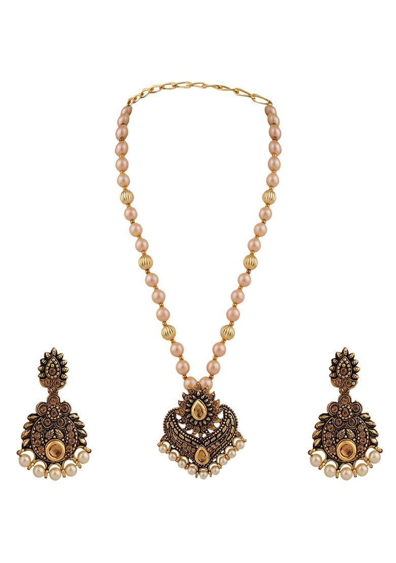 Black Gold Plated Artificial Stone And Bead Necklace Set