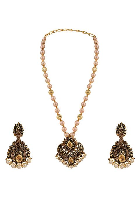 Black Gold Plated Artificial Stone And Bead Necklace Set
