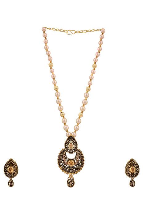 Black Gold Plated Artificial Stone And Bead Necklace Set