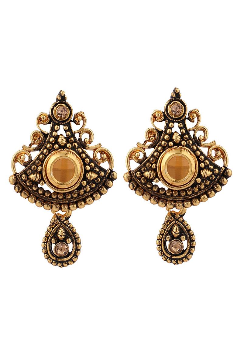 Black Gold Plated Artificial Stone And Bead Necklace Set - Indya