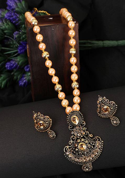 Black Gold Plated Artificial Stone And Bead Necklace Set