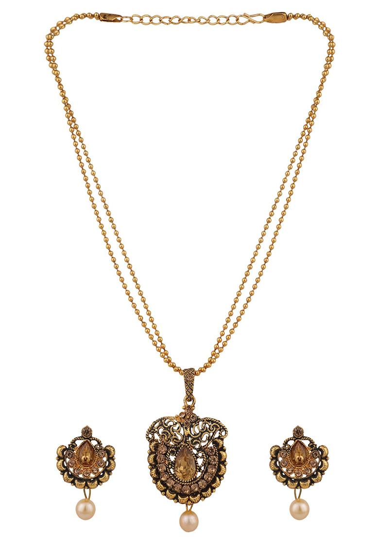 Black Gold Plated Artificial Stone Necklace Set - Indya